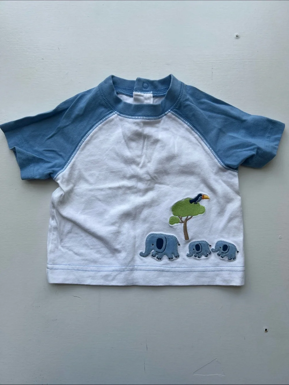 Gymboree White Tee with Blue Raglan Sleeves and Elephant Applique